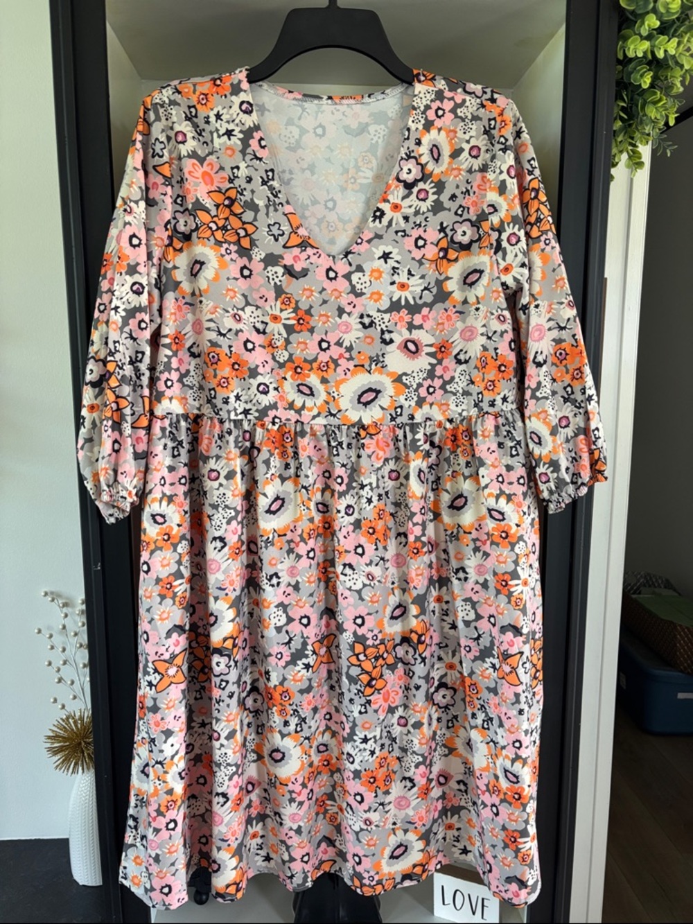 SHEIN Floral V-Neck Babydoll Dress in Pink, Orange, Black